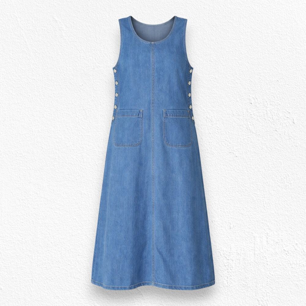 Vintage 1990s Medium Wash Denim Overall Pinafore Midi Dress Size Small Petite